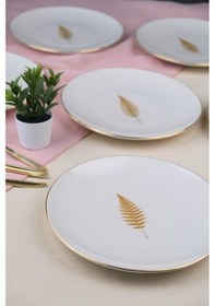Resim Tabak Evi Porselen Natura Fern Altın Yaldız Pasta Tabağı 20,50cm 4 Lü Çok Renkli 
