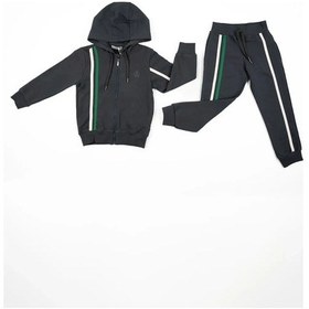 Resim Unisex Bebek Gri Yeşil Beyaz Çizgili Kapüşonlu Mevsimlik Eşofman Takımı gri 