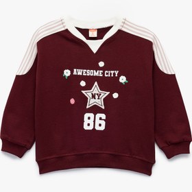 Resim Kız Bebek Şardonlu Pamuklu Uzun Kollu Renk Kontrastlı V Yaka Baskılı Sweatshirt 