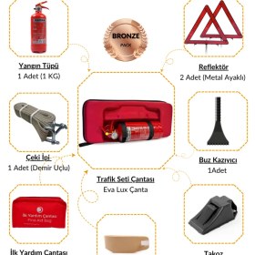 Resim Eva Trafik ve Ilk Yardım Seti - Muayene Uyumlu 1 kg Araç Yangın Tüpü - 2 Adet Reflektör - Bronze Pack 