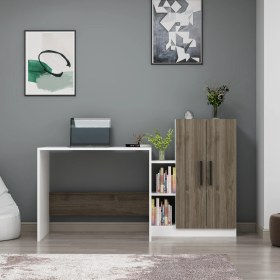 Resim Dekorosso Stic Dolaplı Çalışma Masası Beyaz-Ceviz 