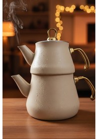 Resim Yunusoğlu Home Granit Kaplama Gold Kulplu Cam Kapak Çaydanlık Krem Krem 