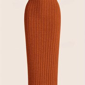 Resim Kadınlar için Yüksek Bel Düz Renk Dikey Çizgili (Gri/Bej) Dar Kesim Esnek Kalem Etek - Diz Boyundan Diz Altına Kadar Kesim, Kırışmaz & Günlük Etek, Ofis ve Yarı Resmi Giyim için Makinede Yıkanabilir 