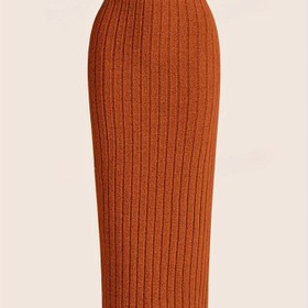 Resim Kadınlar için Yüksek Bel Düz Renk Dikey Çizgili (Gri/Bej) Dar Kesim Esnek Kalem Etek - Diz Boyundan Diz Altına Kadar Kesim, Kırışmaz & Günlük Etek, Ofis ve Yarı Resmi Giyim için Makinede Yıkanabilir 