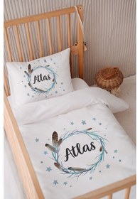 Resim %100 Pamuk Saten Isme Özel Isimli 100x150 Bebek Yatak Nevresim Seti Kuş Tüyü Çemberi 