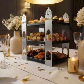 Resim Ramazan İkramlık Servis Standı - 3 Katlı Ahşap Raflı Metal Sunumluk - Gümüş Metal ve Siyah Raf 