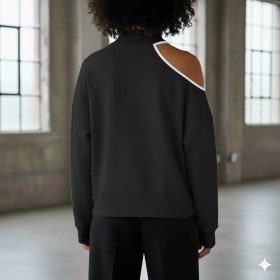 Resim Afri Modern Açık Omuz Tek Omuz Balıkçı Yaka Kadın Sweatshirt - Siyah Rengi Siyah 