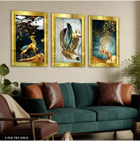 Resim Evinemoda Gold Geyik ve Tüyler 3 Parça Pleksi Aynalı Tablo 