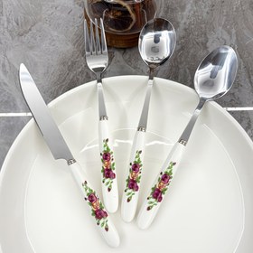 Resim 4/3 Parça Çiçek Desenli Seramik Kulplu Paslanmaz Çelik Yemek Takımı, Parlak Yüzeyli Tatlı Kaşığı Bıçak ve Çatal, Ev, Restoran, Mutfak, Günlük Kullanım ve Bayram Toplantıları İçin Uygun 