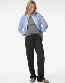 Resim Bürümcük Kumaş Beli Bağlamalı Uzun Geniş Paça Pantolon 