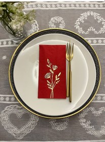 Resim Gold Yaldızlı Kırmızı Gelincik Çiçeği Baskılı Garson Katlama Peçete 16 Lı 