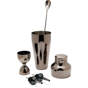 Resim TheBRo 550ml Parlak Siyah French Shaker ,Jigger,Şişe Dökücü Ve Çatallı Bar Kaşığı Kokteyl Seti 
