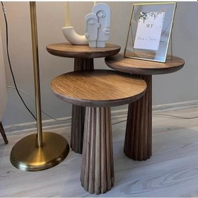 Resim Wood 3 Lü Set Mantar Yan Sehpa Modern Ahşap Ceviz Renk Fiskos / Çiçeklik Ceviz 