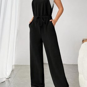 Resim Kadınlar İçin Şık Siyah Kolsuz Tulum - Kare Yaka, Ayarlanabilir Askılar, Geniş Paça Pantolon, Yan Cepli, Makinede Yıkanabilir, Her Mevsim Uygun, Günlük Şık Giyim, Kemeriyle Bel Tasarım 