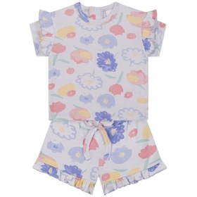 Resim Antebies Organik Lila Suluboya Çiçek Desenli Fırfırlı Kısa Kollu Kız Bebek Tshirt Şort Takımı Mor 