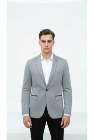 Resim Plus Scorpion PlusScorpion Gri Erkek İtalyan Kesim Blazer Ceket - Lacivert Detaylı, Kol Yamali, Slim Fit Şık Tasa 