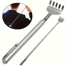 Resim 50.01 cm uzunluğunda, paslanmaz çelikten yapılmışır, taşınabilir, çizilmeyen tutma kolu ile tasarlanmış, dayanıklı ve kaşıntısız, masaj ve cilt bakımı için uygun bir geri çekilebilir sırt kaşıyıcı. 