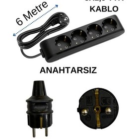 Resim Avarson 4'lü Dörtlü Priz Topraklı Kablolu Siyah 3x1,5 Ttr 6 Altı Metre 