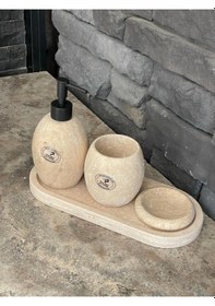 Resim Bej Traverten Oval Model 4,lü Banyo Seti Beyaz 