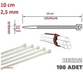 Resim 100 Adet 10Cm X 2.5Mm Plastik Cırt Kelepçe Kablo Bağı Beyaz 