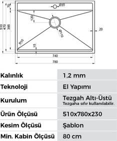 Resim Crauf Poli 6303 Pvd Inox Tek Gözlü 51x78 Cm Paslanmaz Çelik Mutfak Eviyesi Inox 