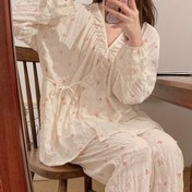 Resim 3 Mevsim Hamilelik ve Emzirme Pijama Takımı - Kimono Ön Açık Üst + Ayarlanabilir Bel Pantolon | Kiraz Çiçeği Desenli Doğum Sonrası Rahatlık İç Giyimi 