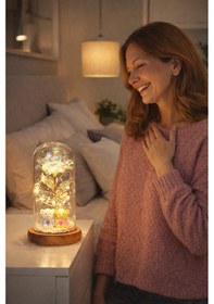 Resim LED Işıklı Güllü Cam Fanus Ayıcıklı Gece Lambası Anneler Günü Hediyesi - 