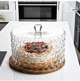 Resim Kosova Cam Pasta Standı Akasya Taban Bubble Desen 28 Cm Anh-02 Şeffaf 