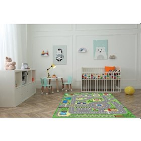 Resim Kaymaz Tabanlı Ince Yıkanabilir Çocuk Halısı Trafik Çok Renkli 