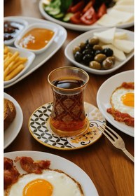 Resim 12 Parça Altın Yaldız Desenli İnce Belli Cam Çay Bardağı Ve Tabağı - Çay Takımı Çok Renkli 