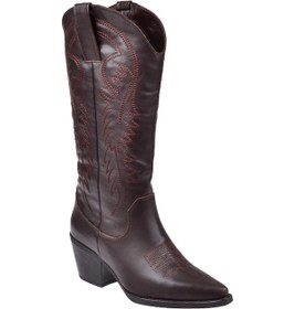 Resim Pullman Hakiki Deri İşlemeli Western Kadın Çizme Plm-011 Koyu Kahve Koyu Kahverengi 