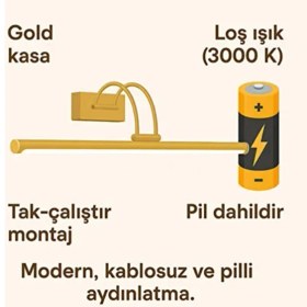 Resim Pilli Gold Gün Işığı ve Beyaz Işık Duvar Apliği Banyo Aydınlatma Ayna Üstü LED Tablo Aplik A+ Loş Işık 3000K, 
