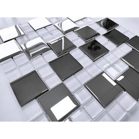Resim MozaiKristaL Mutfak tezgah arası 23x23-48x48mm Beyaz-Gümüş Krom, 30x30 Fileli Kristal Mozaik. (1 m2 Fiyatıdır) 