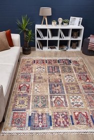 Resim Kolo Kahverengi MadalyonModern Geometrik Etnik Desenli Boho Makinada Yıkanabilir Hav Toz Vermez Leke Tutmaz Kaymaz Taban Dijital Makine Baskı Halı Oturma Odası Salon Yolluk Koridor Mutfak Halısısı 