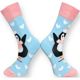 Resim Me-vo Tekli Açık Mavi Renkli Erkek - Kadın Unisex Esnek Nem Alabilen Pamuklu Penguen Desenli Soket Çorap Açık Mavi 