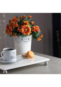 Resim Akayev Mermer Beyaz 30x20 cm Gümüş Boncuk Ayaklı Sunum Tabağı 
