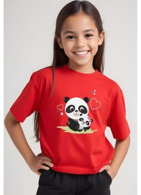 Resim Panios Kids Mother Panda Baskılı Kız Çocuk Kısa Kollu T-shirt Kırmızı 