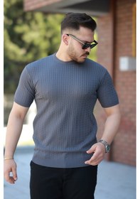 Resim Erkek Bisiklet Yaka Örgü Desenli Kısa Örme Triko Kısa Kollu T-shirt Füme 