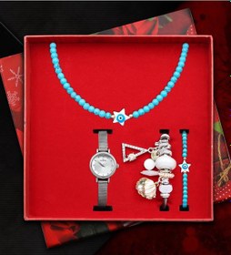 Resim Özel Kutusunda Hasır Kordon Saat & Nazar Kolye & Nazar Ve Charmlı Bileklik Hediye Seti Kadına Özel Hediye Kutusu 