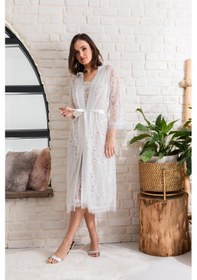 Resim Sepya Gelin Set Transparan Midi Boy Kuşaklı Sabahlık Ekru Mgp12176 Ekru 
