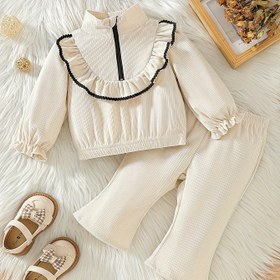 Resim Kore tarzı 2025 Bahar/Sonbahar Kızlar Uzun Kollu Kazak ve Çan Altı Pantolon İki Parça Set - Günlük, Volan Detaylı, Polyester, Hafif, Dış Mekan ve Günlük Giyim için Mükemmel, Günlük Giyim|Volan Detaylı Üst|Esnek Kumaş 