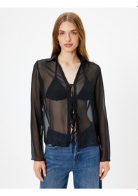 Resim Koton Tül Transparan Gömlek Önden Bağlama Detaylı Uzun Kollu Siyah 5wak60011ew Siyah 