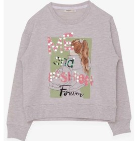 Resim Kız Çocuk Breeze Sweatshirt Pullu Kız Baskılı Bej Melanj (8-14 Yaş) 