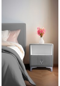 Resim Singular Silver Iki Çekmeceli Açık Gri Komodin- Raflı Kumaş Döşemeli Yatak Odası Komodin Modeli 