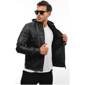 Resim Erkek Siyah Dar Kesim Kapüşonlu Deri Ceket Siyah 