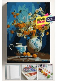 Resim Sayılarla Boyama Seti Numaralı Tuval Fırça Boya Dahil Kasnaklı Set 50x70 Cm - Sarı Çaydanlık Vazo 