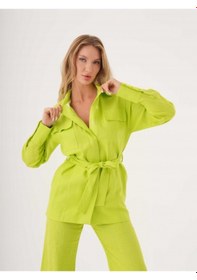 Resim Kuşaklı Düz Form Keten Ceket Fıstık 