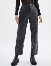 Resim Koton Deri Görünümlü Kargo Pantolon Soluk Efektli Normal Bel Düz Geniş Paça Cepli Antrasit 4wal40044ıw 4WAL40044IW927 Antrasit 