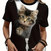 Resim Sevimli Kedi Baskılı Crew Neck T-Shirt, Bahar ve Yaz için Rahat Kısa Kollu T-Shirt, Kadın Giyim 