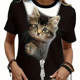 Resim Sevimli Kedi Baskılı Crew Neck T-Shirt, Bahar ve Yaz için Rahat Kısa Kollu T-Shirt, Kadın Giyim 